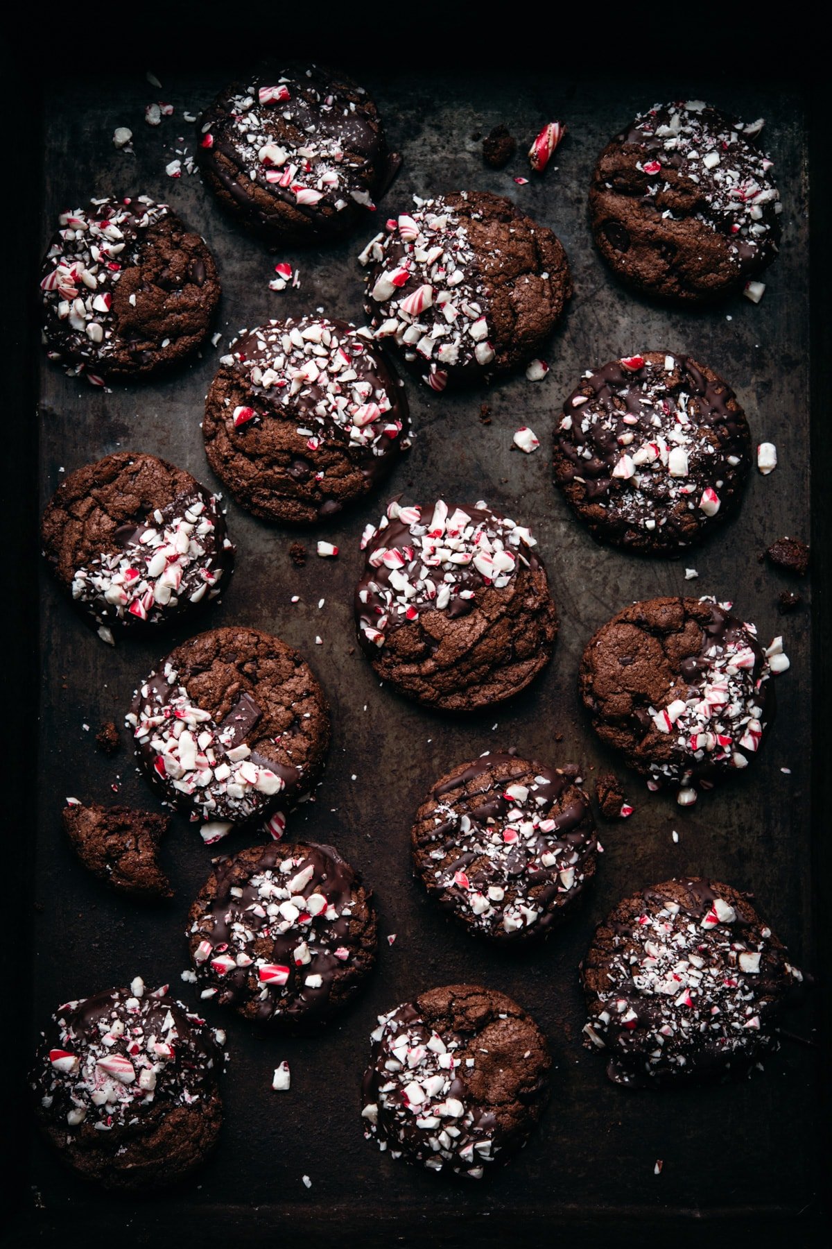 overhead view of chocolate peppermint cookies on sheet pan.