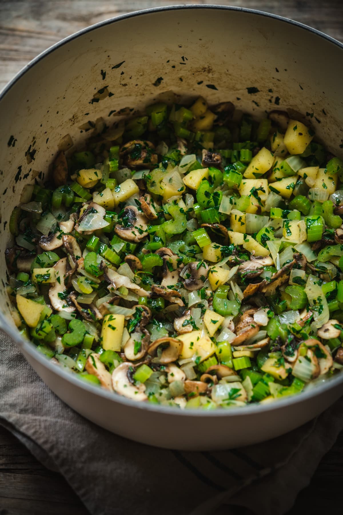 cooked vegetables in a pot for stuffing recipe. 