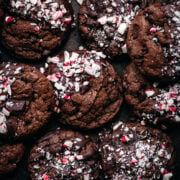 overhead view of chocolate peppermint cookies on sheet pan.