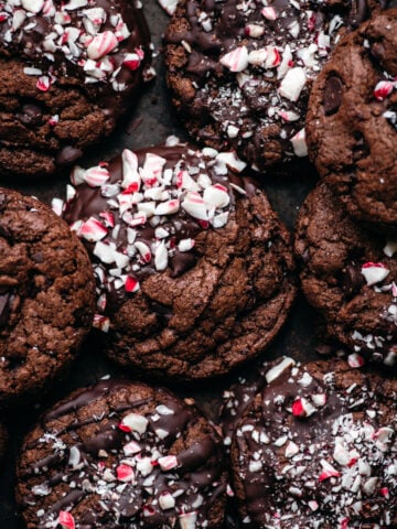 overhead view of chocolate peppermint cookies on sheet pan.