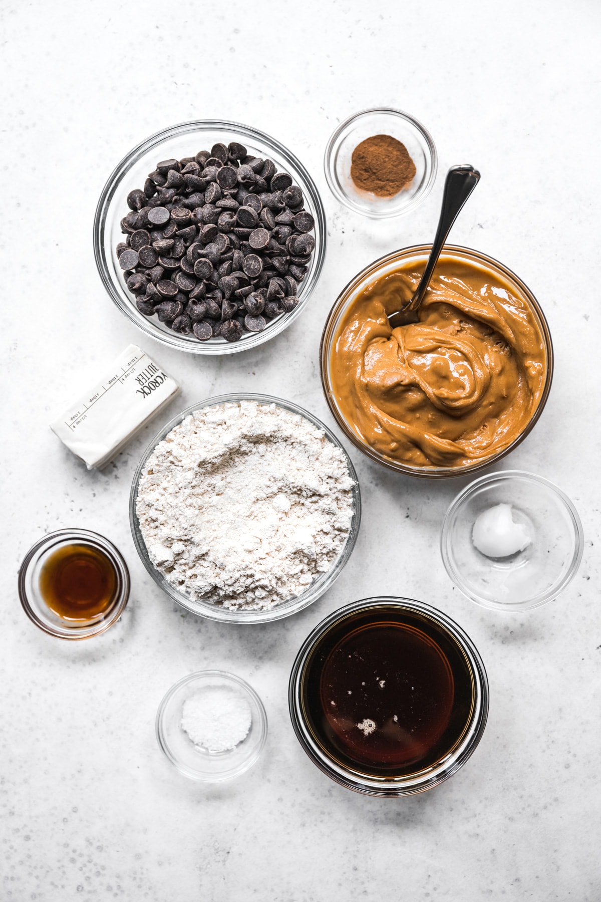 overhead view of ingredients for vegan buckeyes. 