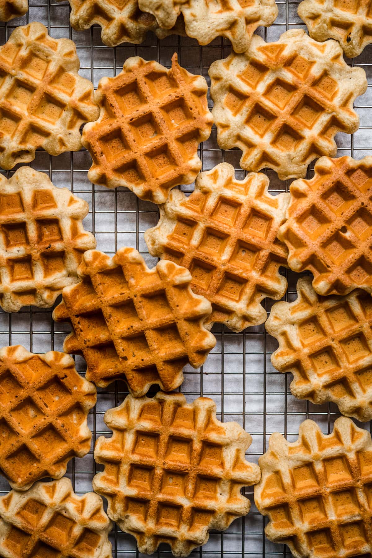 overhead view of homemade waffles on cooling rack.