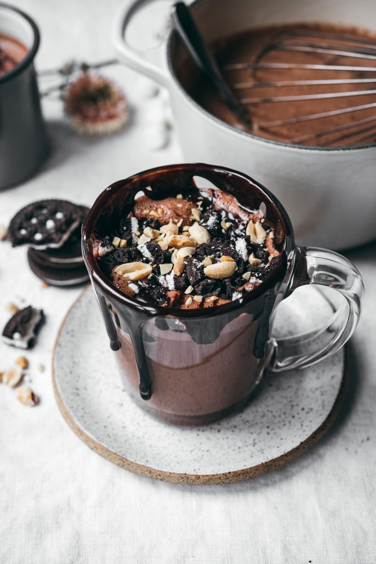 side view of peanut butter hot chocolate with chocolate and peanut toppings and fudge coming down side of mug. 