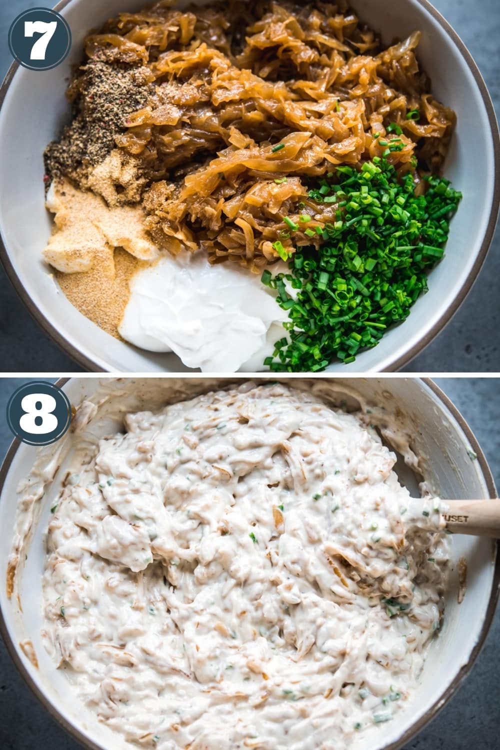 overhead view of two photos of vegan onion dip before and after combining ingredients in a bowl. 