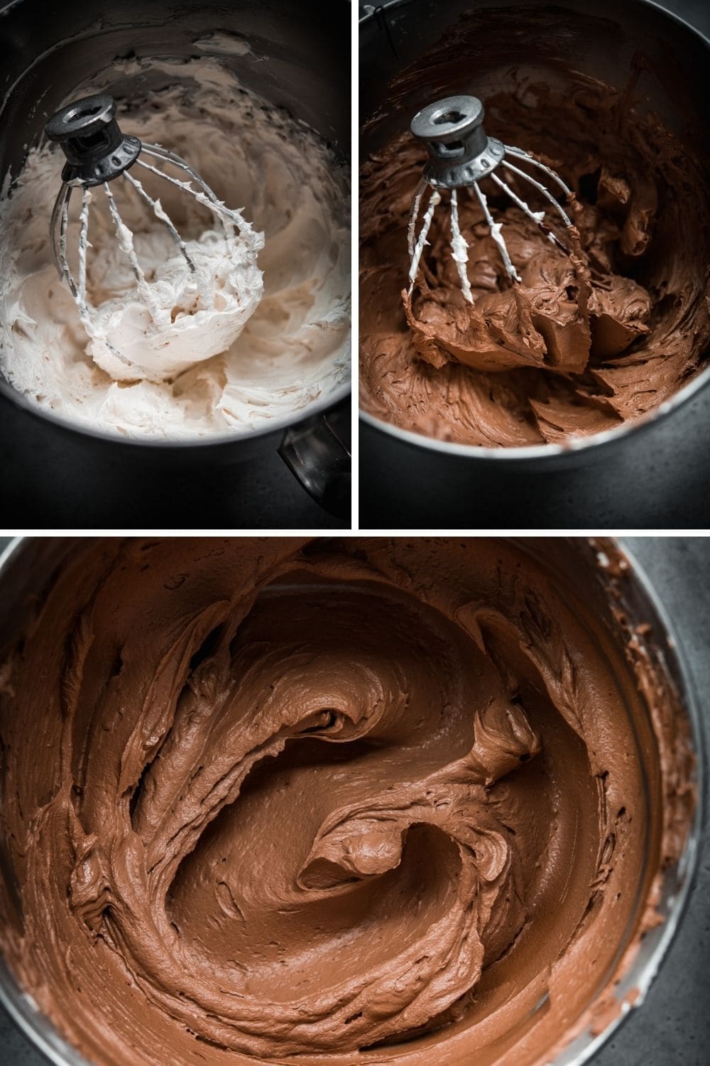 3 photos showing the process of making vegan chocolate buttercream in stand mixer bowl. 