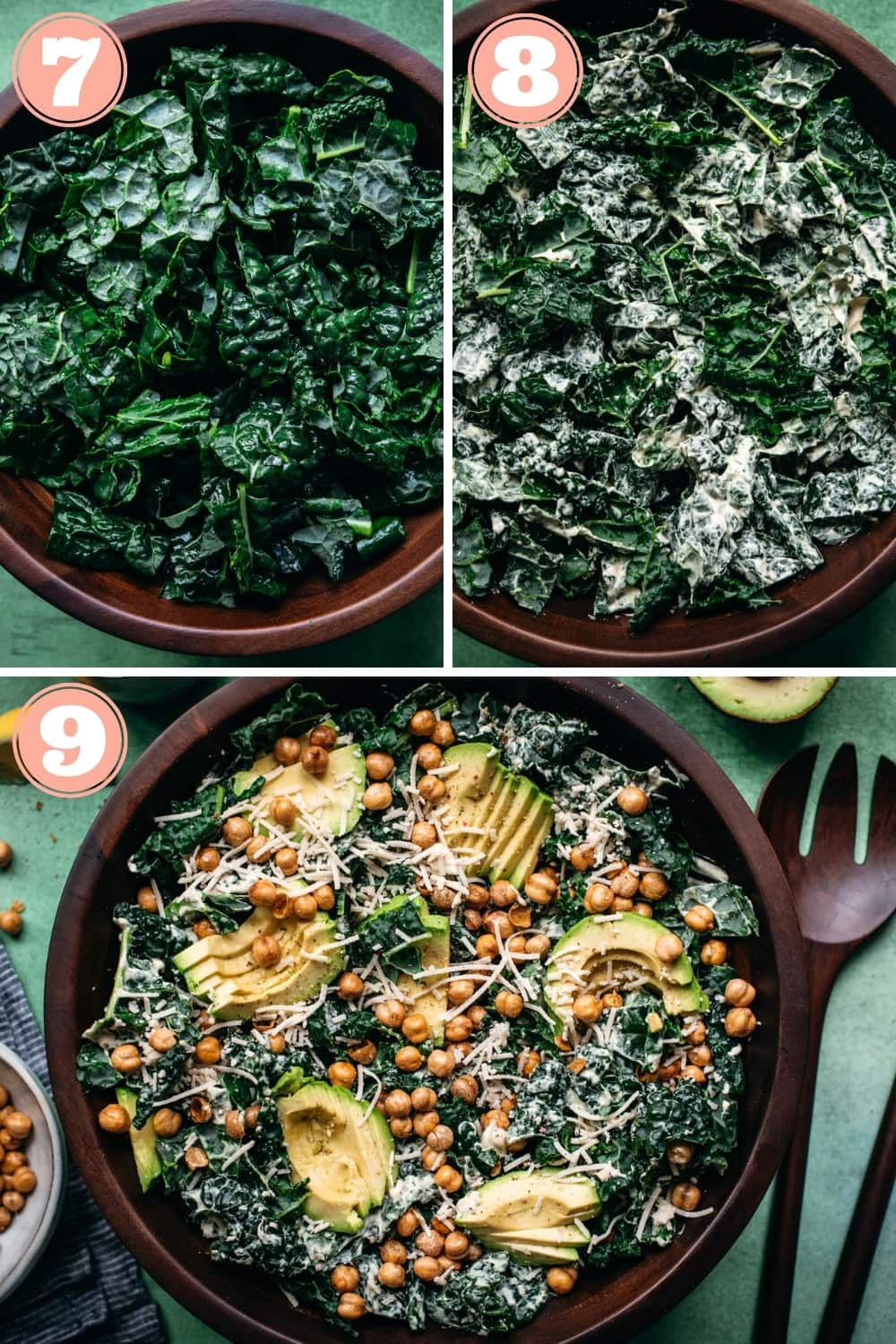step-by-step photos of kale tahini caesar salad assembly. 