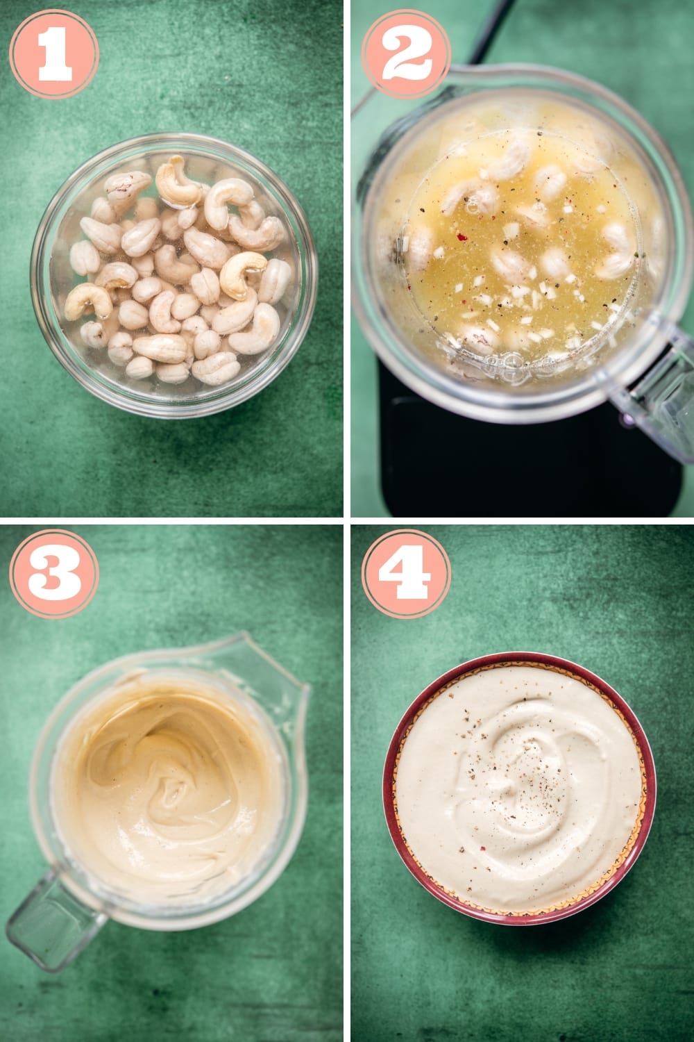 step-by-step photo collage of how to make tahini caesar dressing in a blender. 