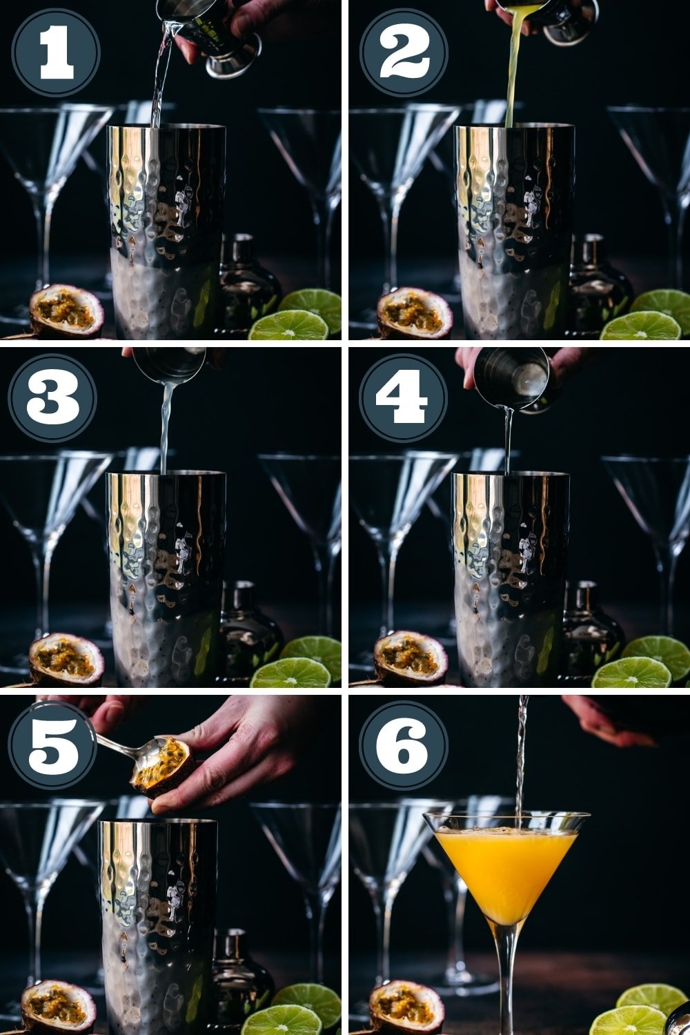 step by step of making a passion fruit martini in cocktail shaker. 