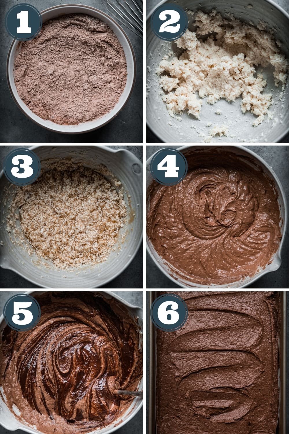 step-by-step photos for how to make vegan chocolate cake batter using an electric mixer. 