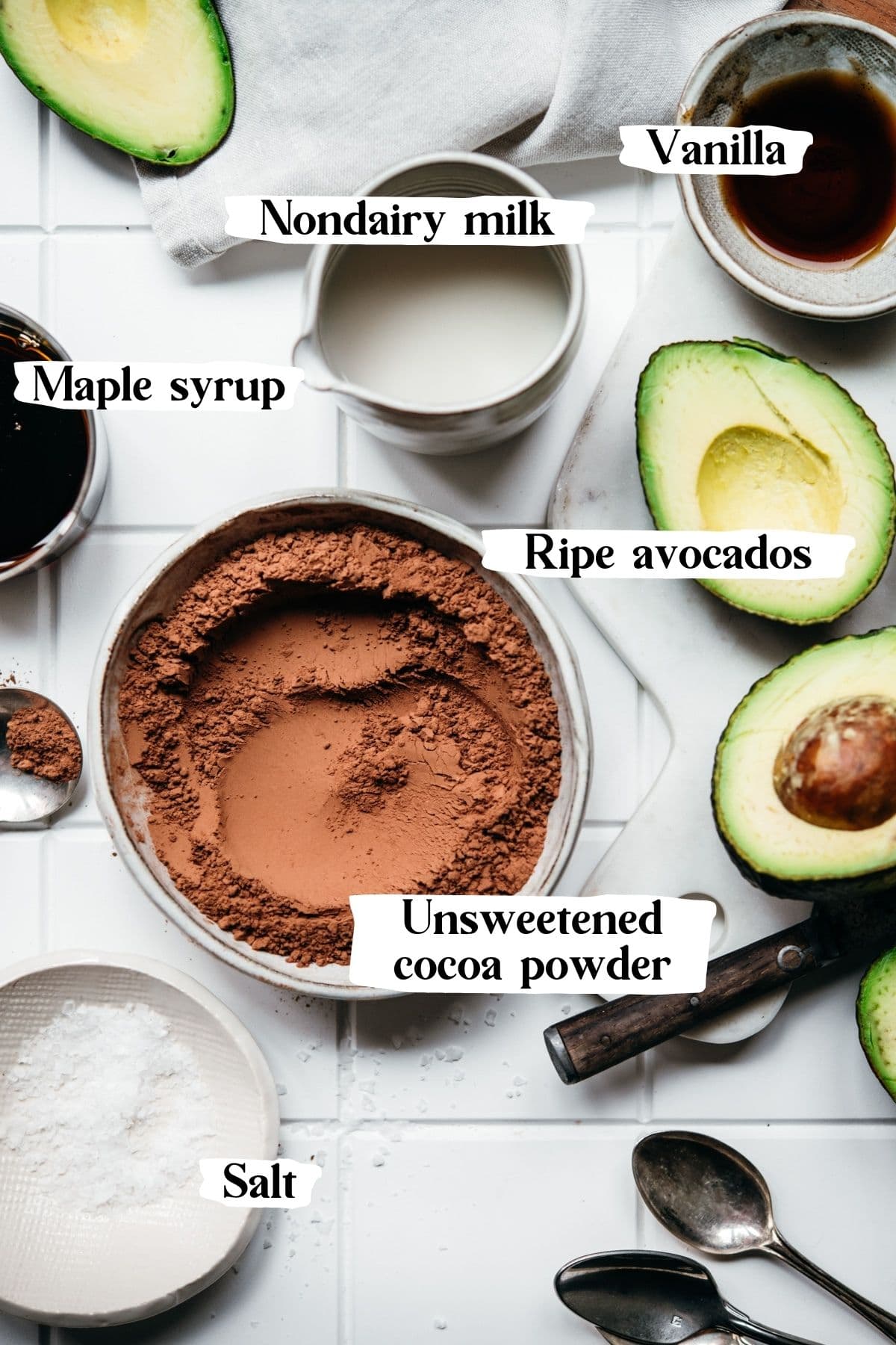 overhead view of ingredients for vegan avocado mousse with text labels. 