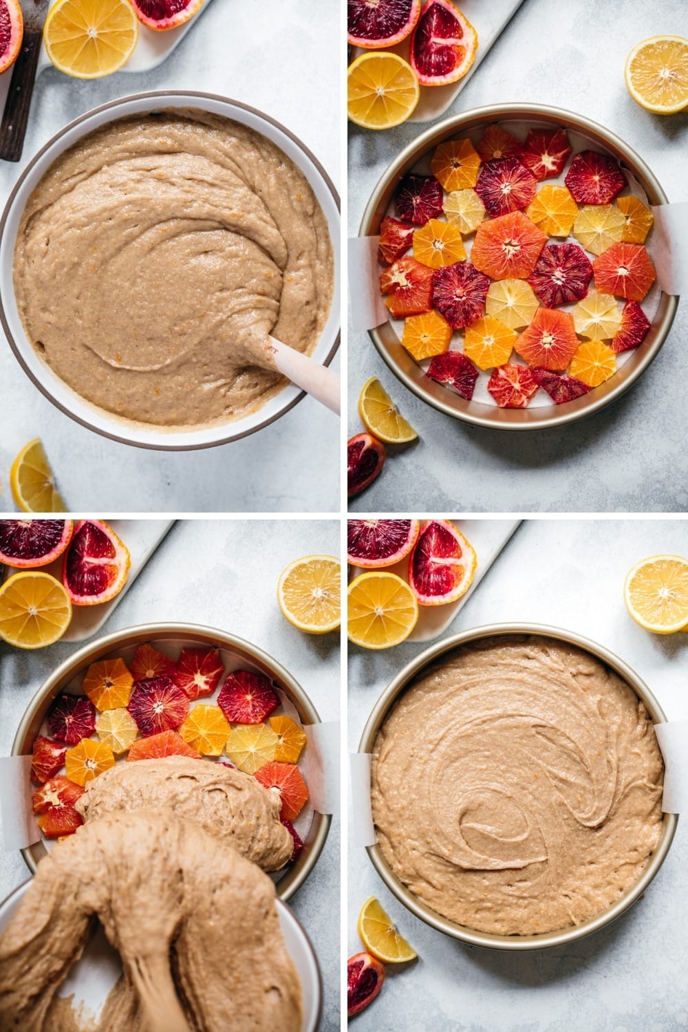 step-by-step photos of making batter for orange olive oil cake and pouring into cake pan.