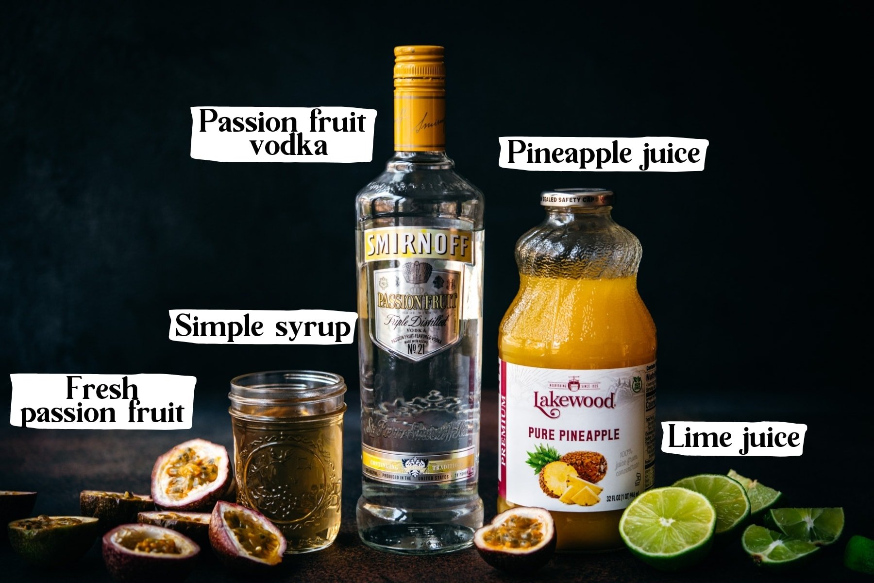 side view of ingredients for passion fruit martini with text labels. 