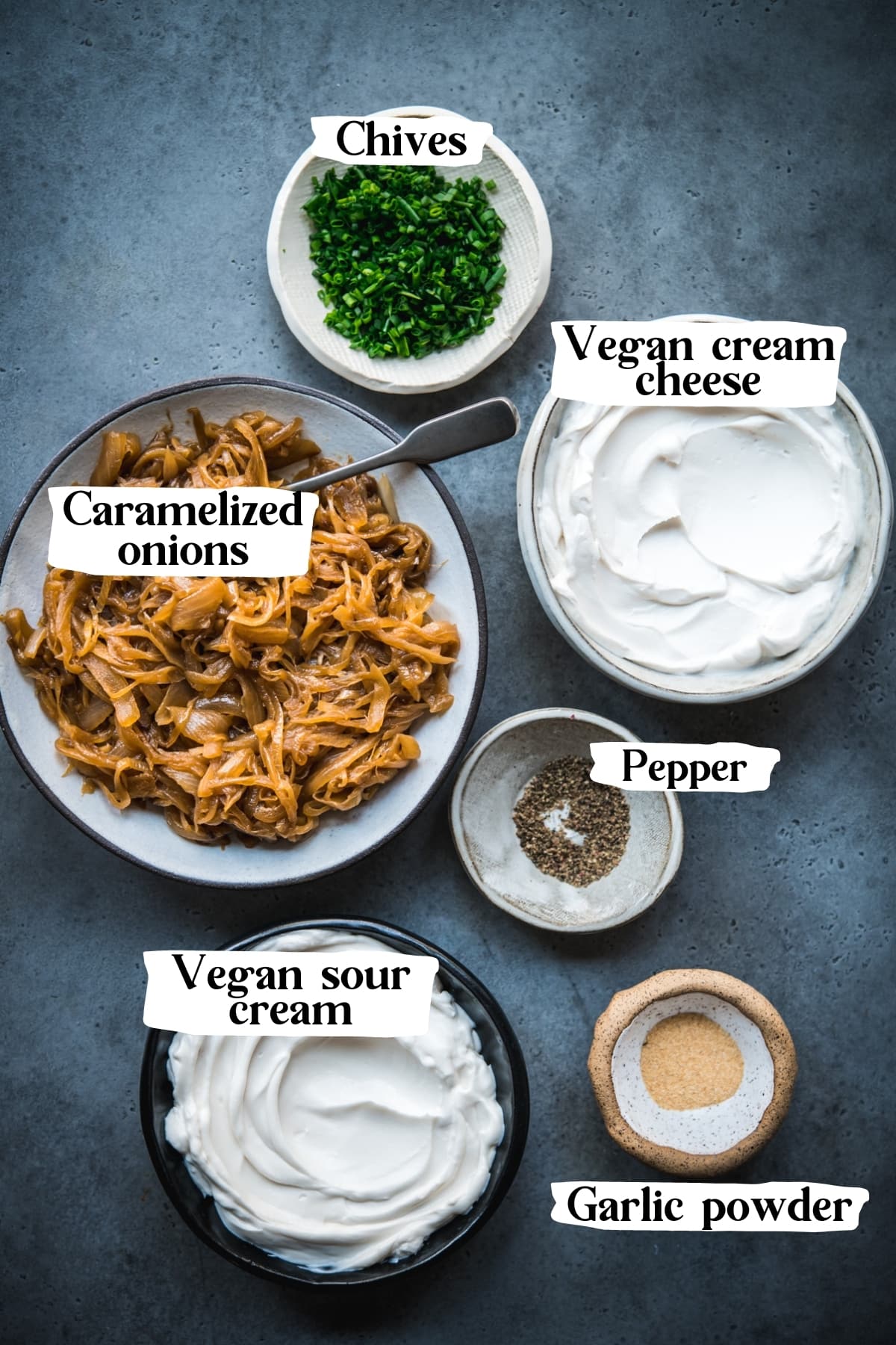 overhead view of ingredients for vegan caramelized onion dip with text labels.