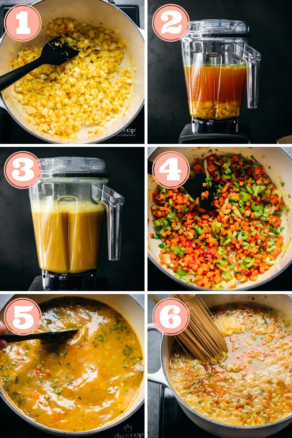 steps 1 through 6 for making turmeric ginger chickpea noodle soup.