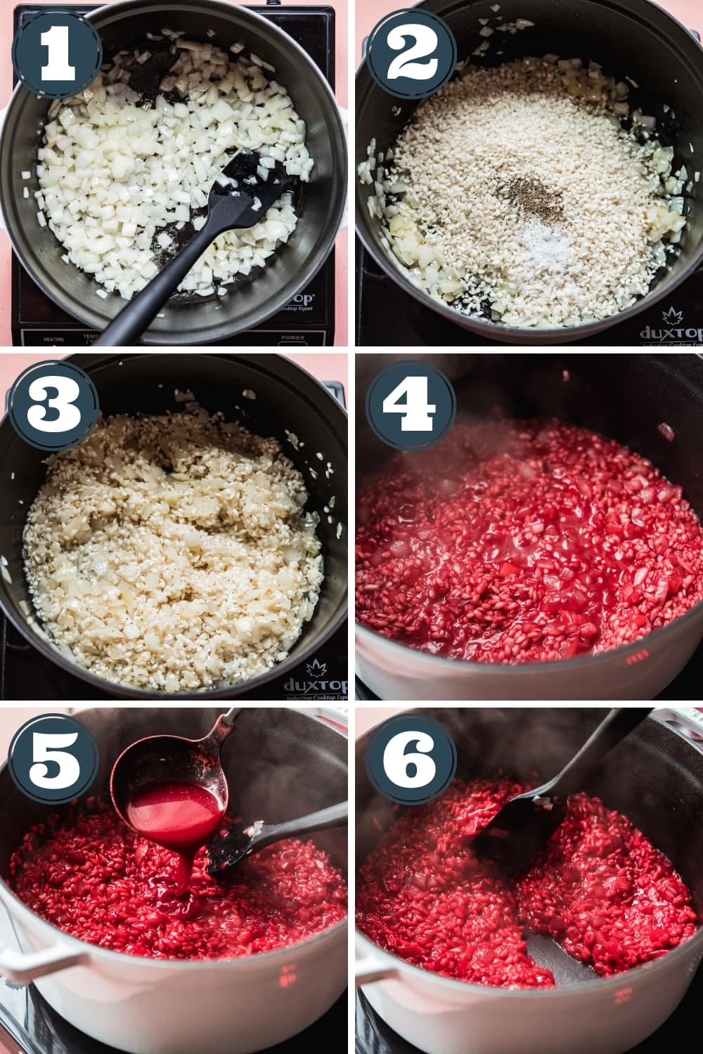 step-by-step photos for making beet risotto in a large pot. 