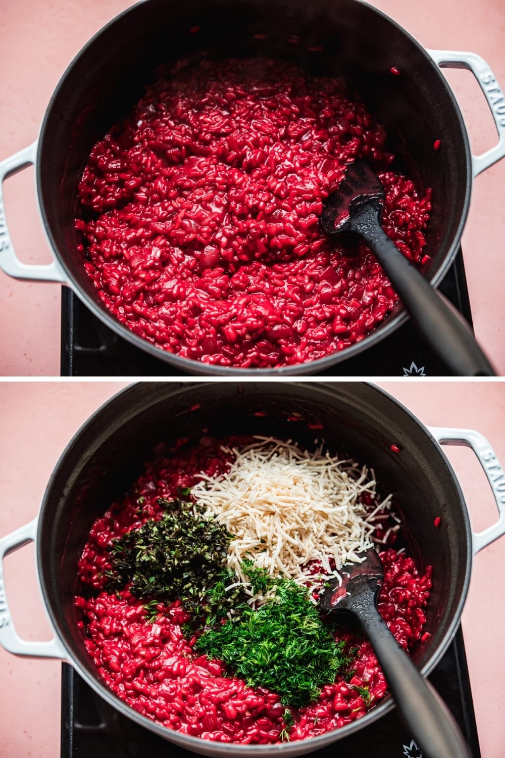 Beet risotto in a pan with vegan parmesan and fresh herbs. 