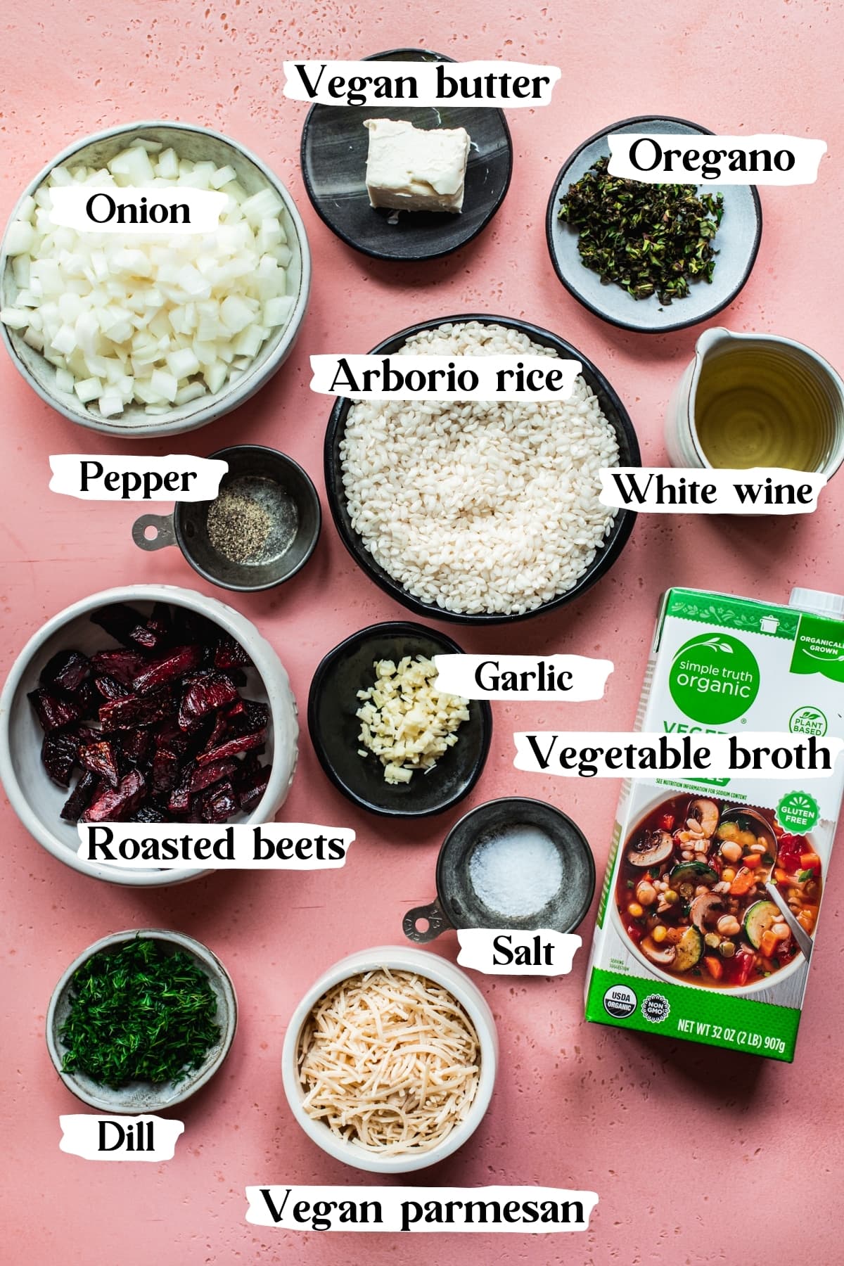 overhead view of ingredients for vegan beet risotto with text labels. 