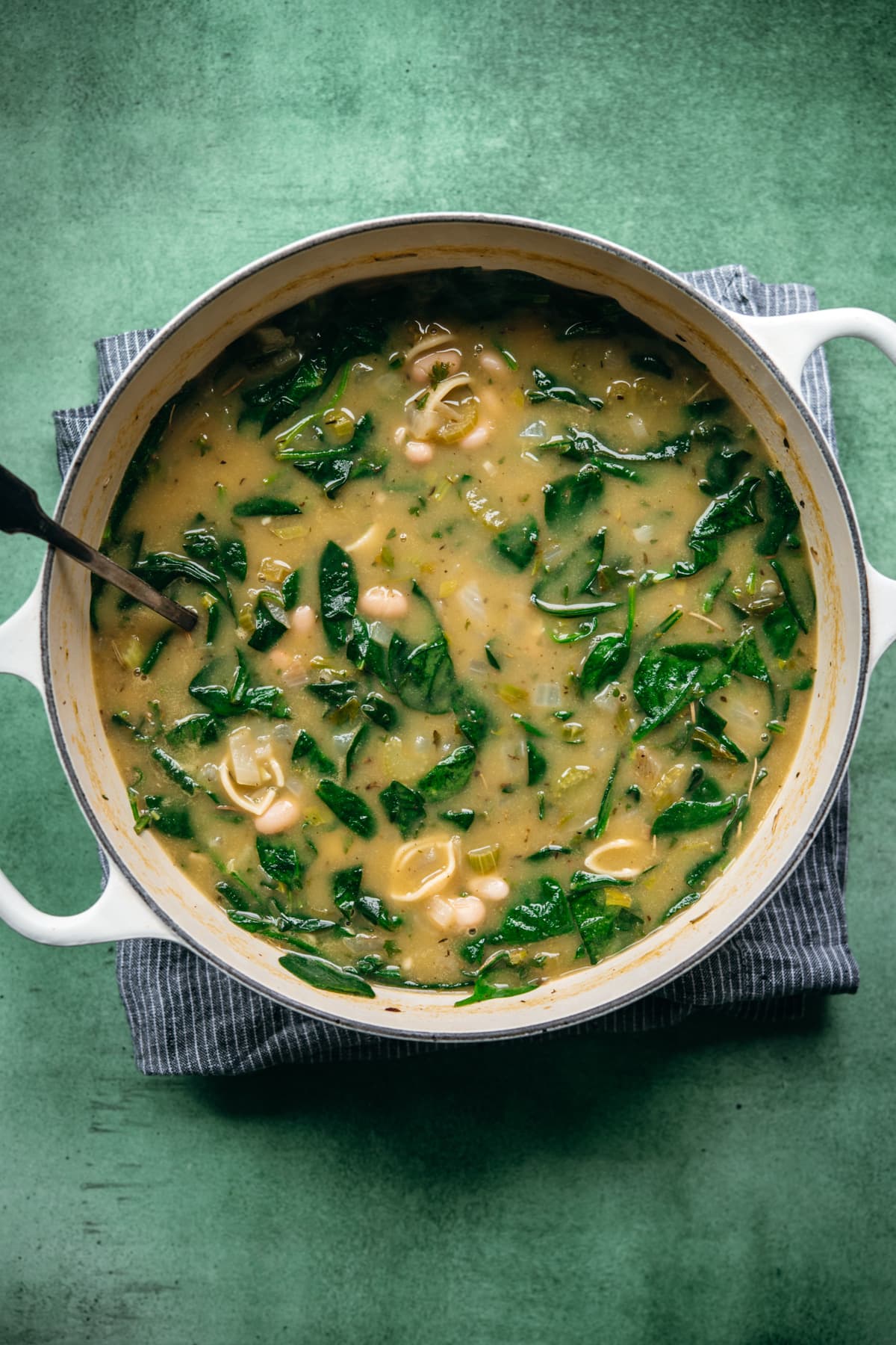 overhead view of a large pot of white bean spinach pasta soup.