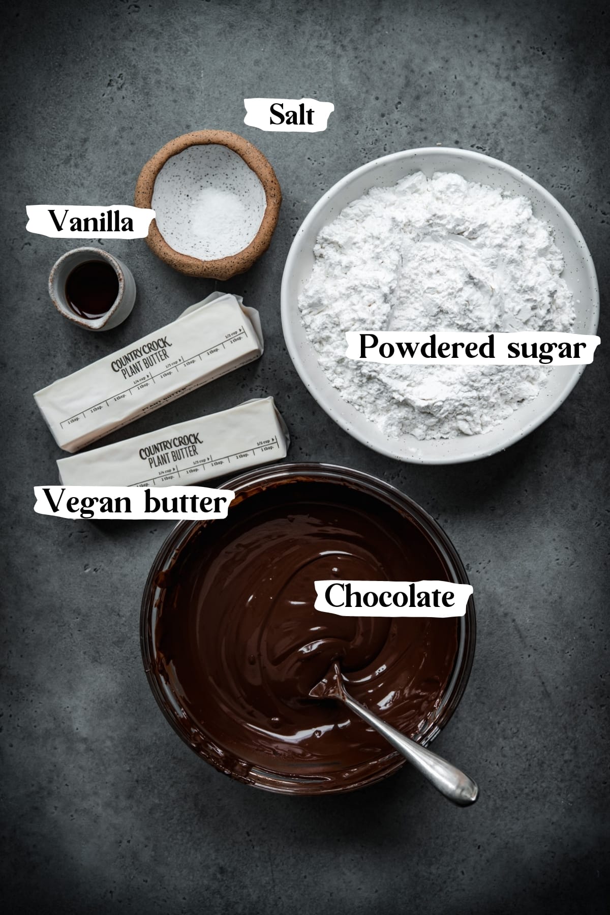 overhead view of ingredients for vegan chocolate buttercream with text labels. 