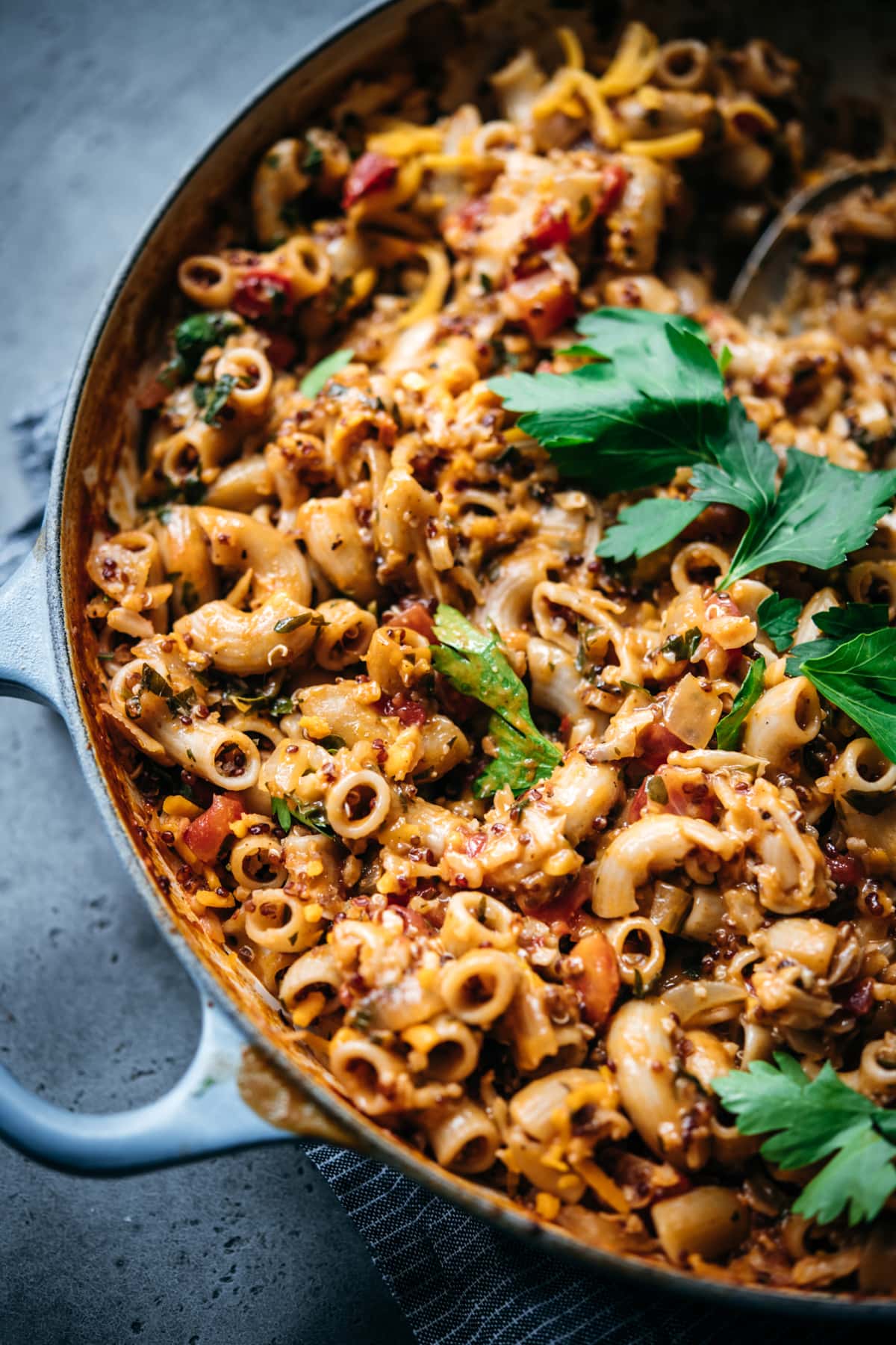 close up view of vegan hamburger helper in pot. 