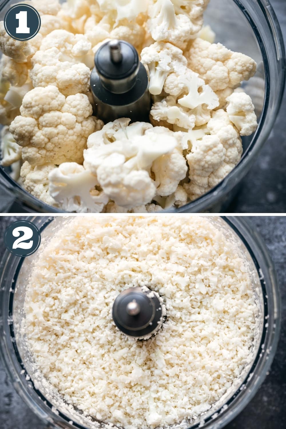 step-by-step photos of how to rice cauliflower in a food processor. 