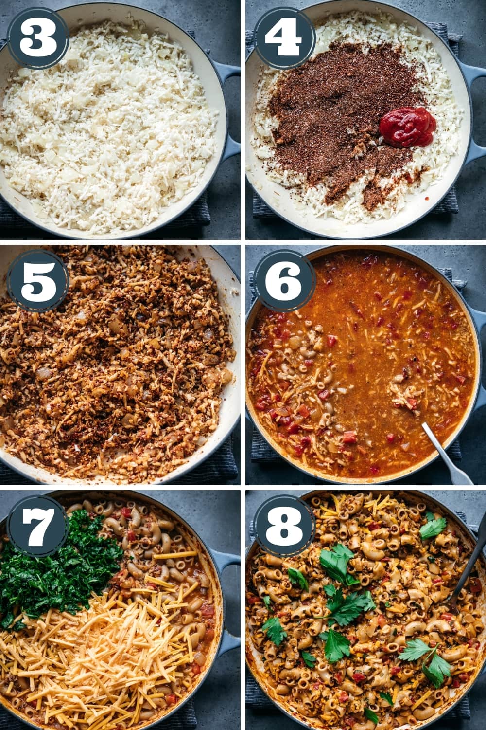 steps for how to make vegan hamburger helper in a large skillet. 