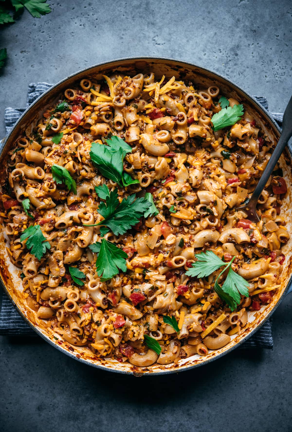 overhead view of vegan hamburger helper pasta in a large pot.