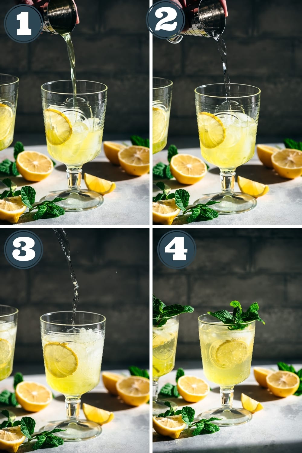 step by step photos of pouring ingredients for limoncello spritz into a cocktail glass. 