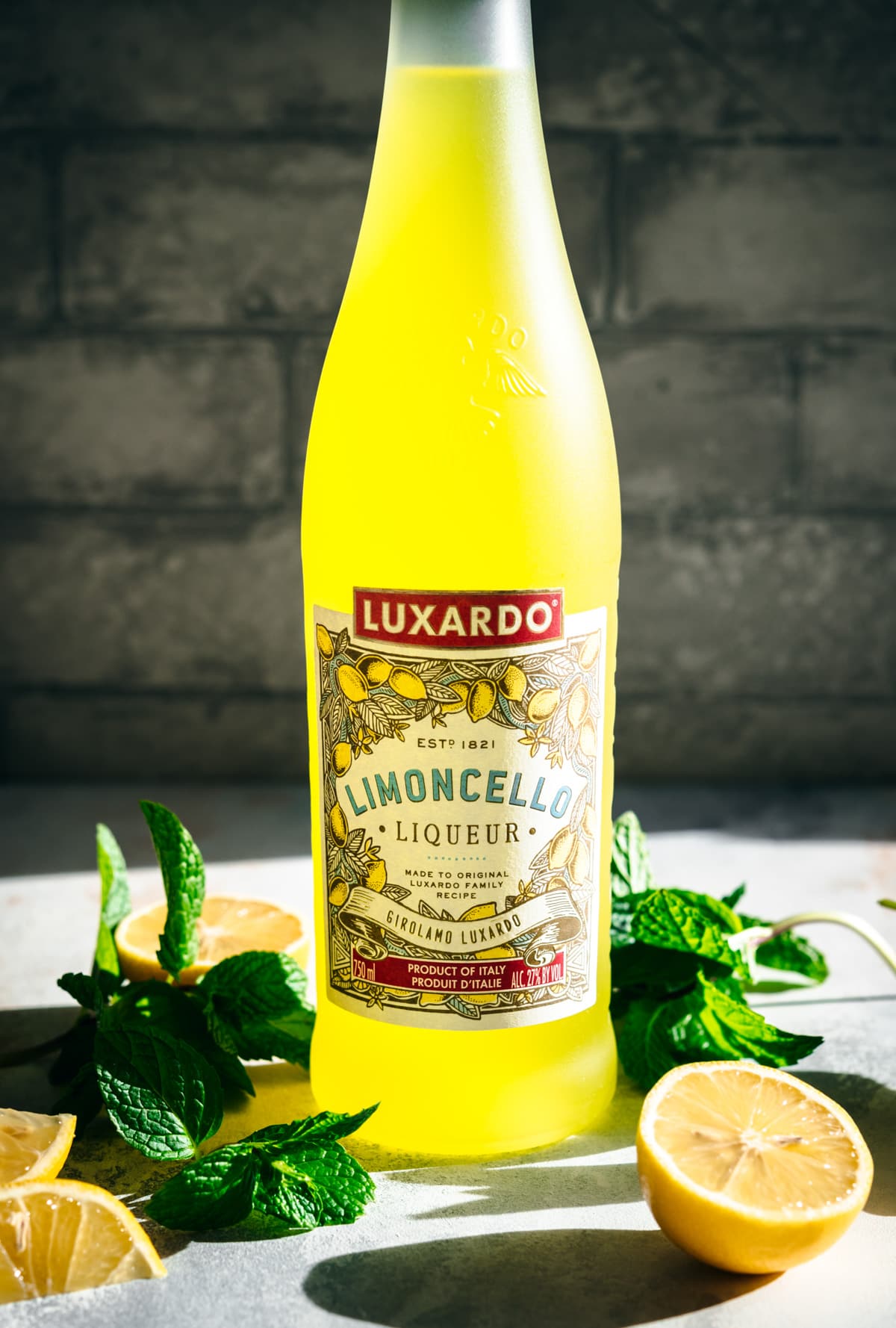 close up view of bottle of limoncello. 