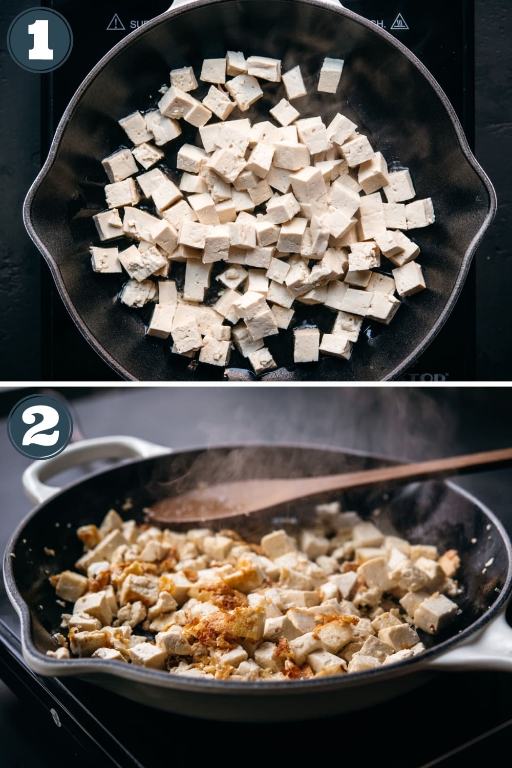 step-by-step instructions for making crispy tofu in a skillet.