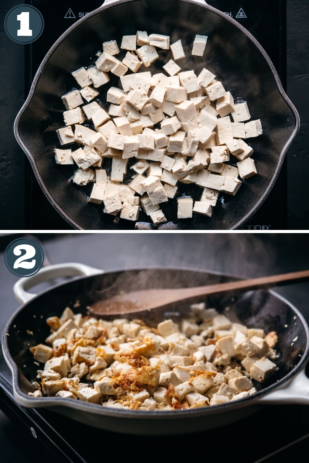 step-by-step instructions for making crispy tofu in a skillet. 