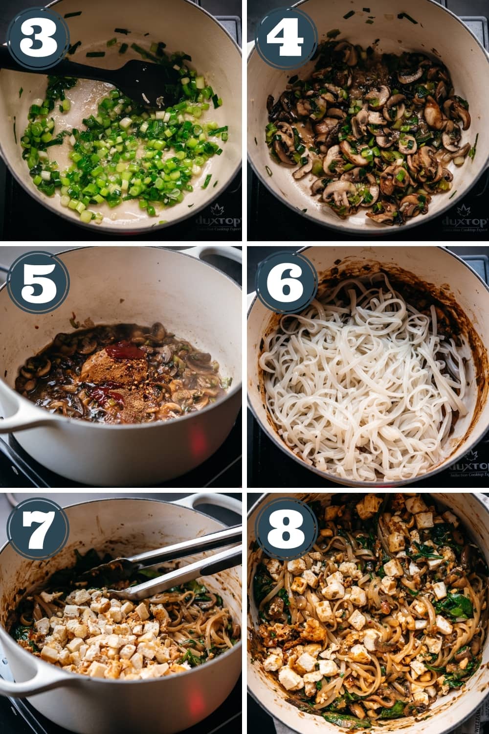 step-by-step instructions for making vegan pad thai in a large pot. 