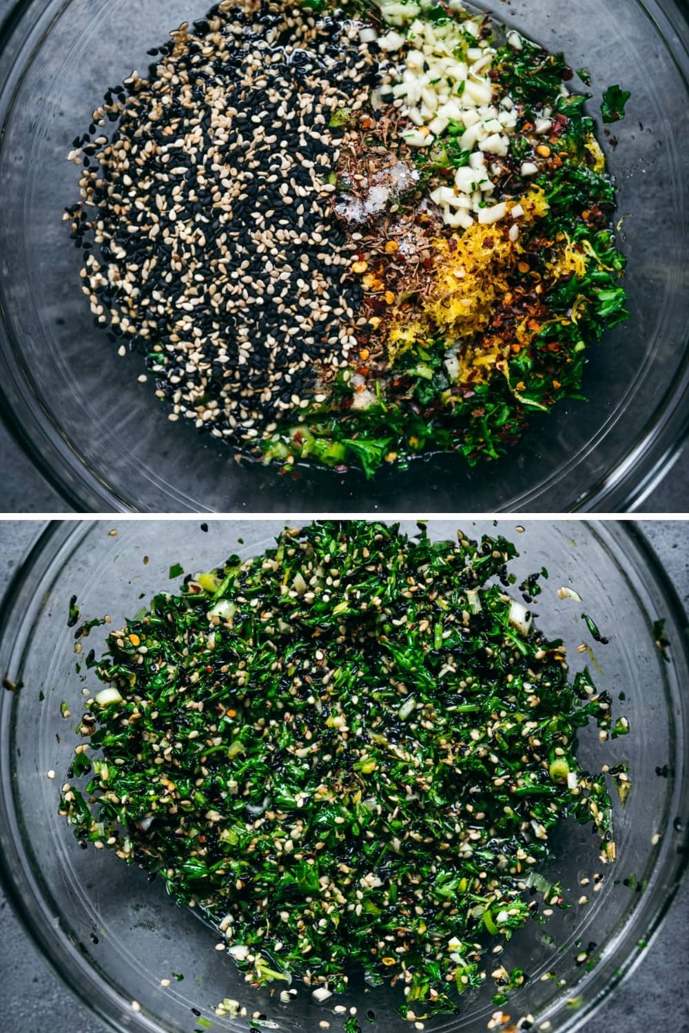 overhead view of za'atar sesame seed gremolata before and after stirring. 