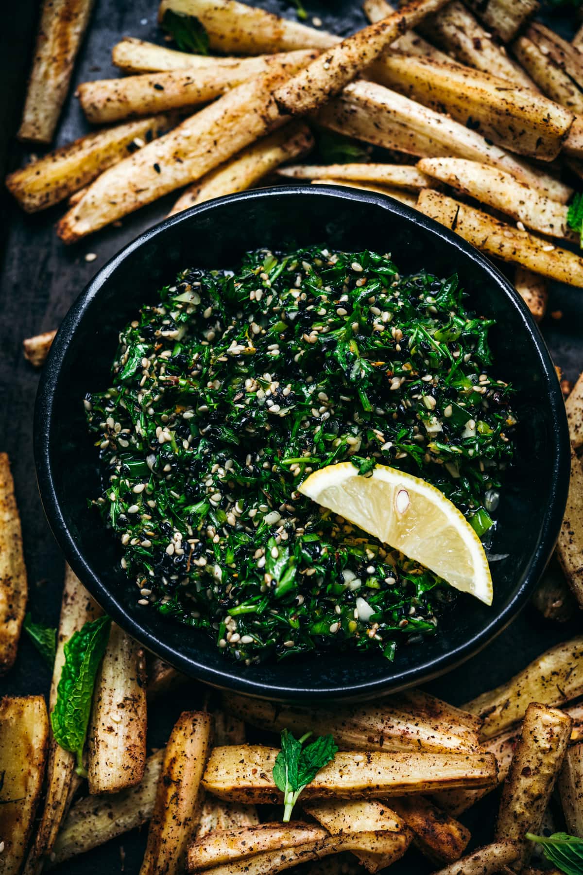 close up view of za'atar gremolata in bowl.