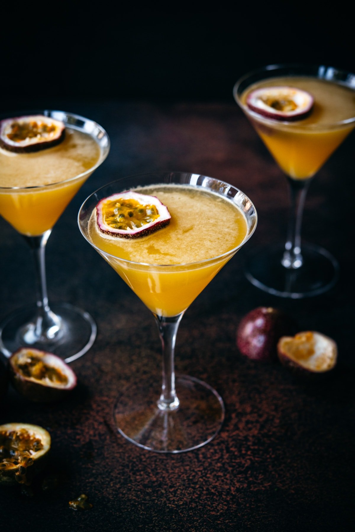 close up view of a passion fruit martinis.