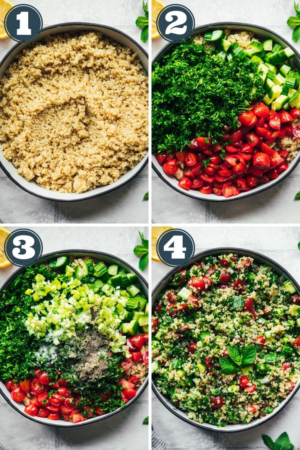 How to assemble a quinoa tabbouleh salad in 4 steps. 