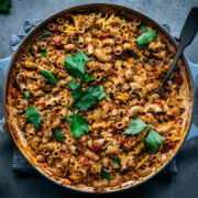 overhead view of vegan hamburger helper pasta in a large pot.