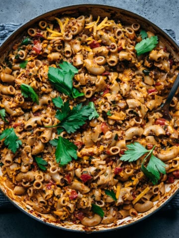 overhead view of vegan hamburger helper pasta in a large pot.