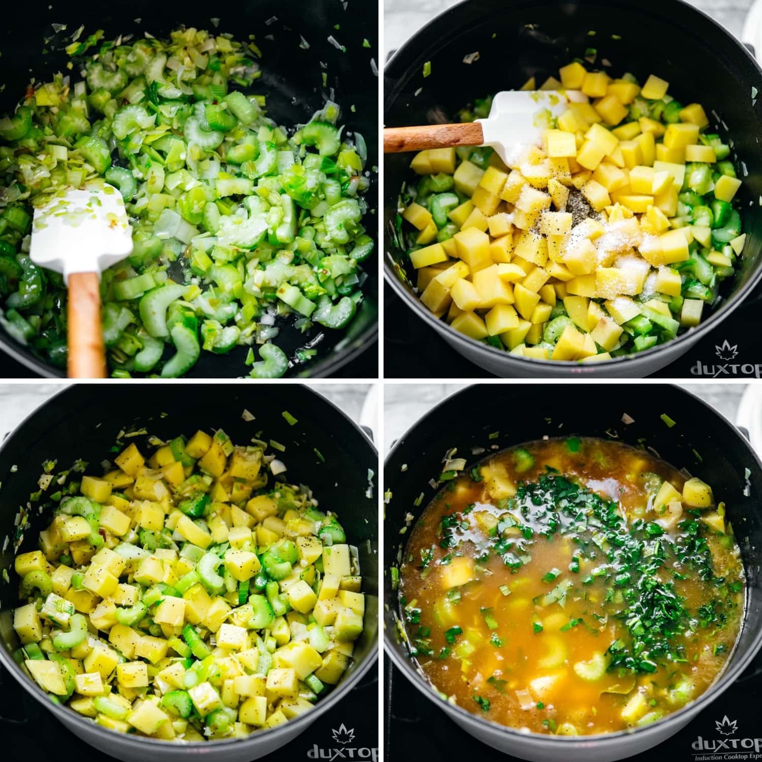 steps of making potato kale soup in large white pot. 