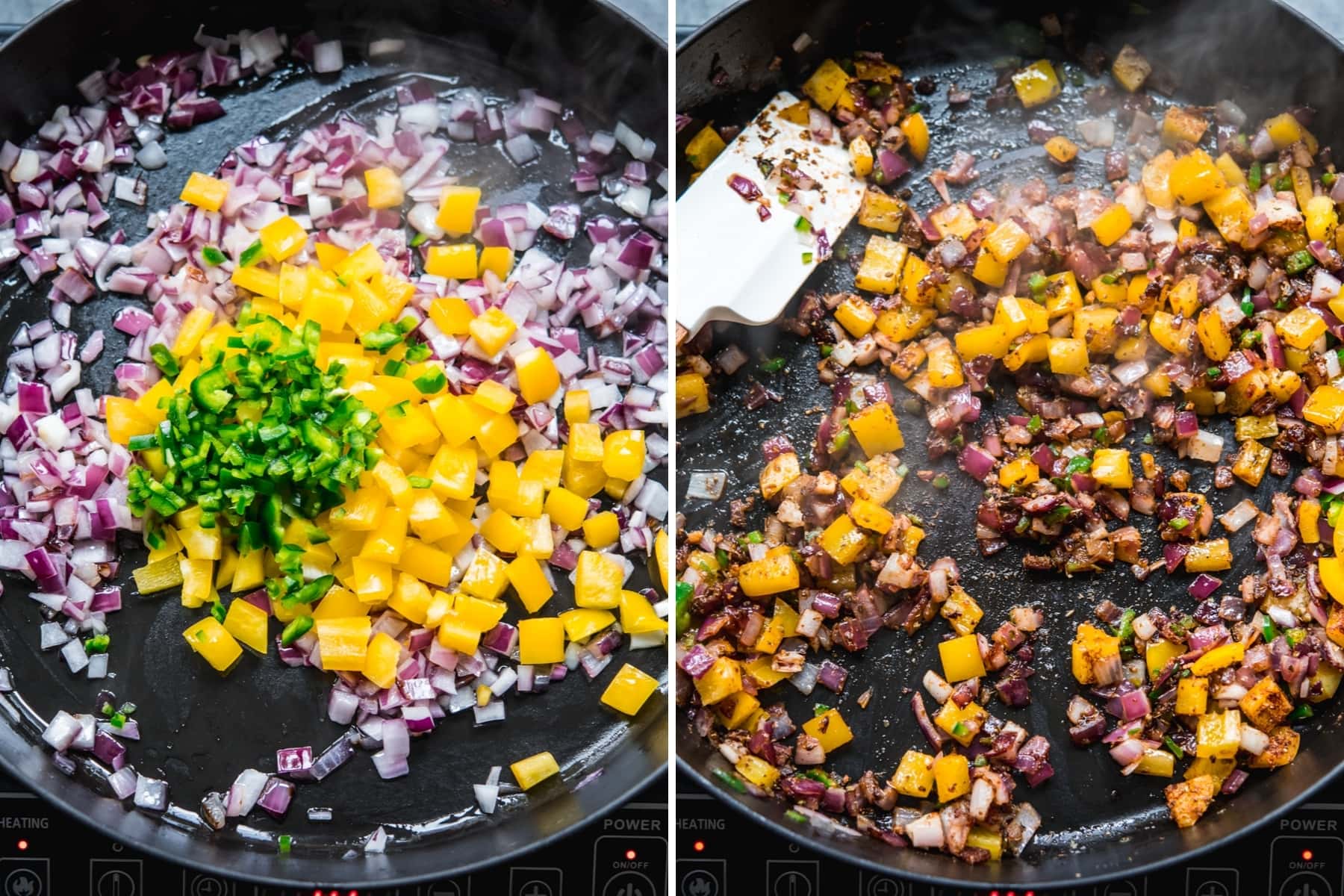 overhead view of onion, pepper and jalapeño sautéed in a large skillet. 