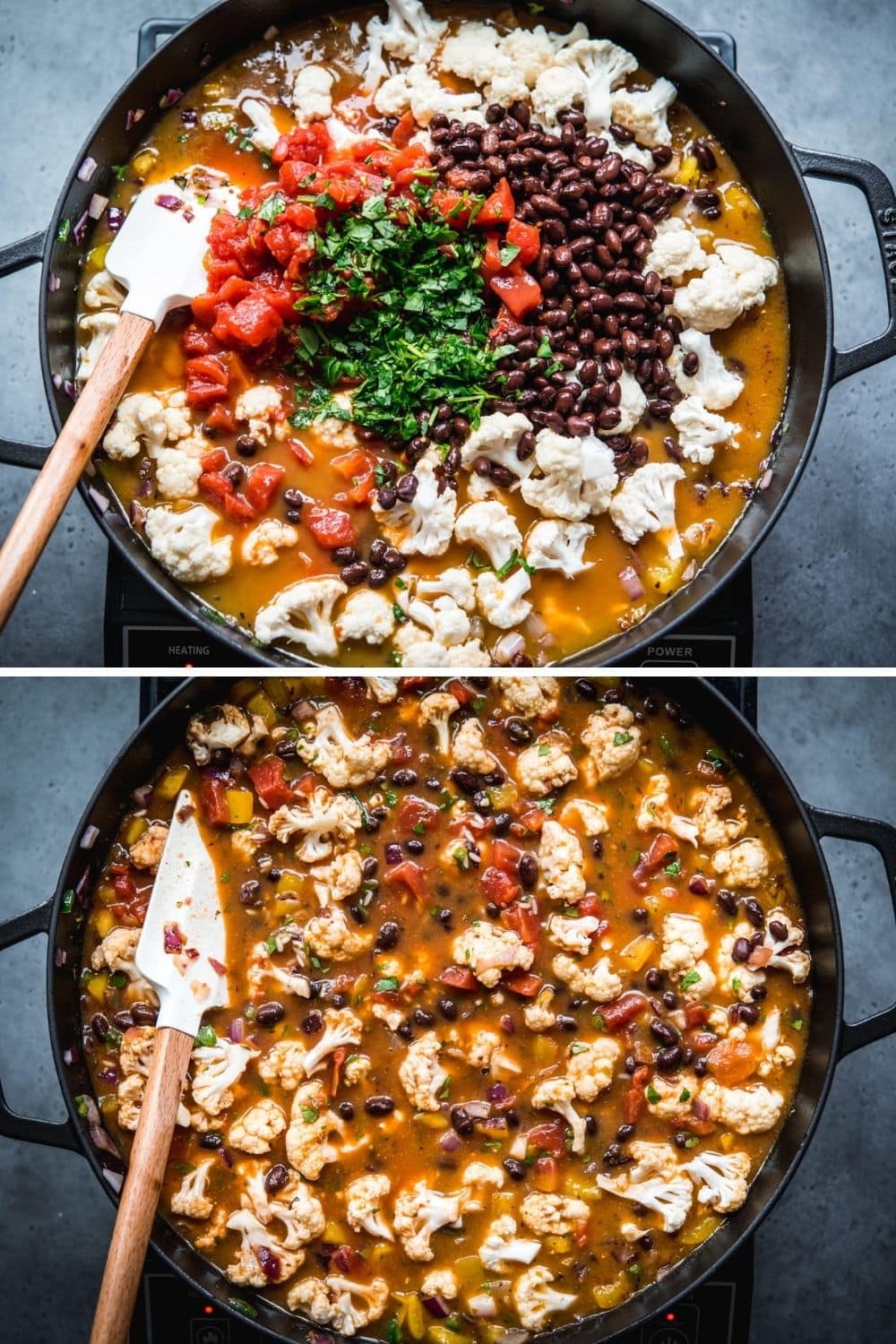 overhead view of cauliflower black bean and rice bake in large skillet.