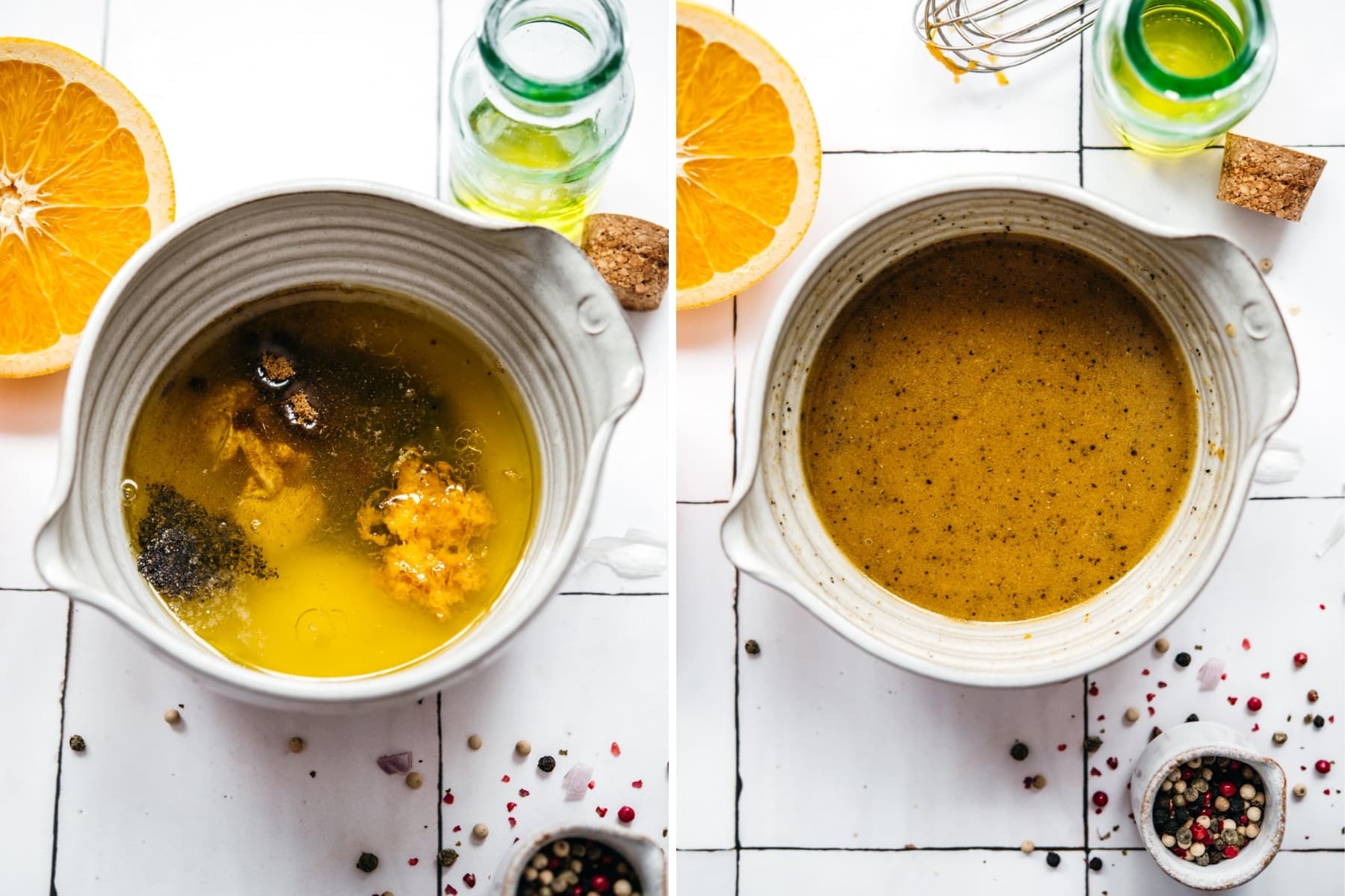 overhead view of orange cumin vinaigrette before and after whisking in a small white mixing bowl.