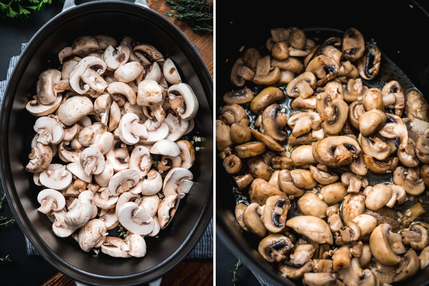 before and after of mushrooms being cooked in a large dutch oven.