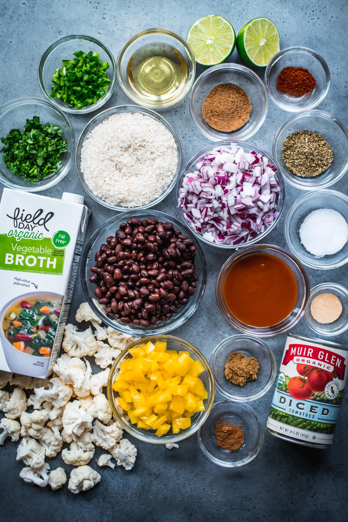 overhead view of ingredients for cheesy cauliflower black bean bake.