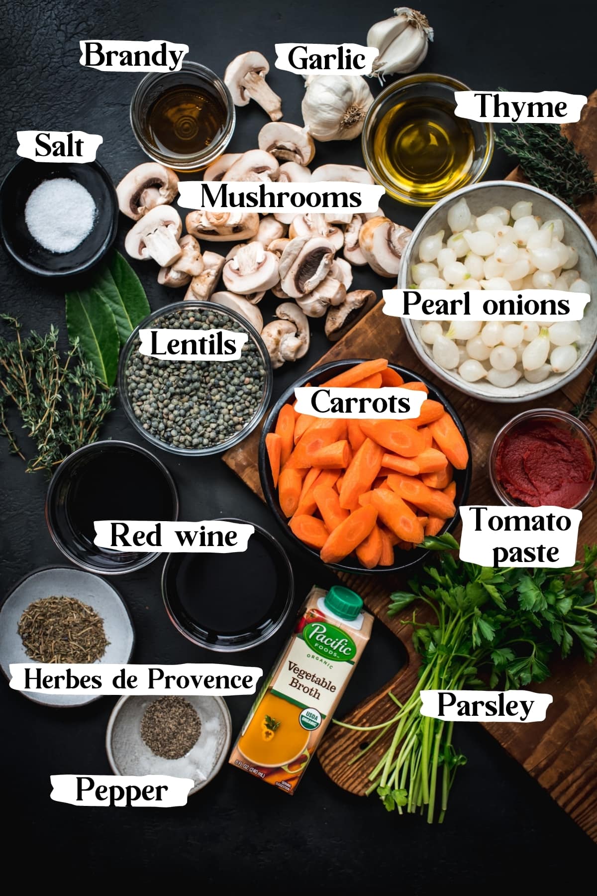 overhead view of ingredients for vegan coq au vin including mushrooms, carrots, pearl onions and wine.