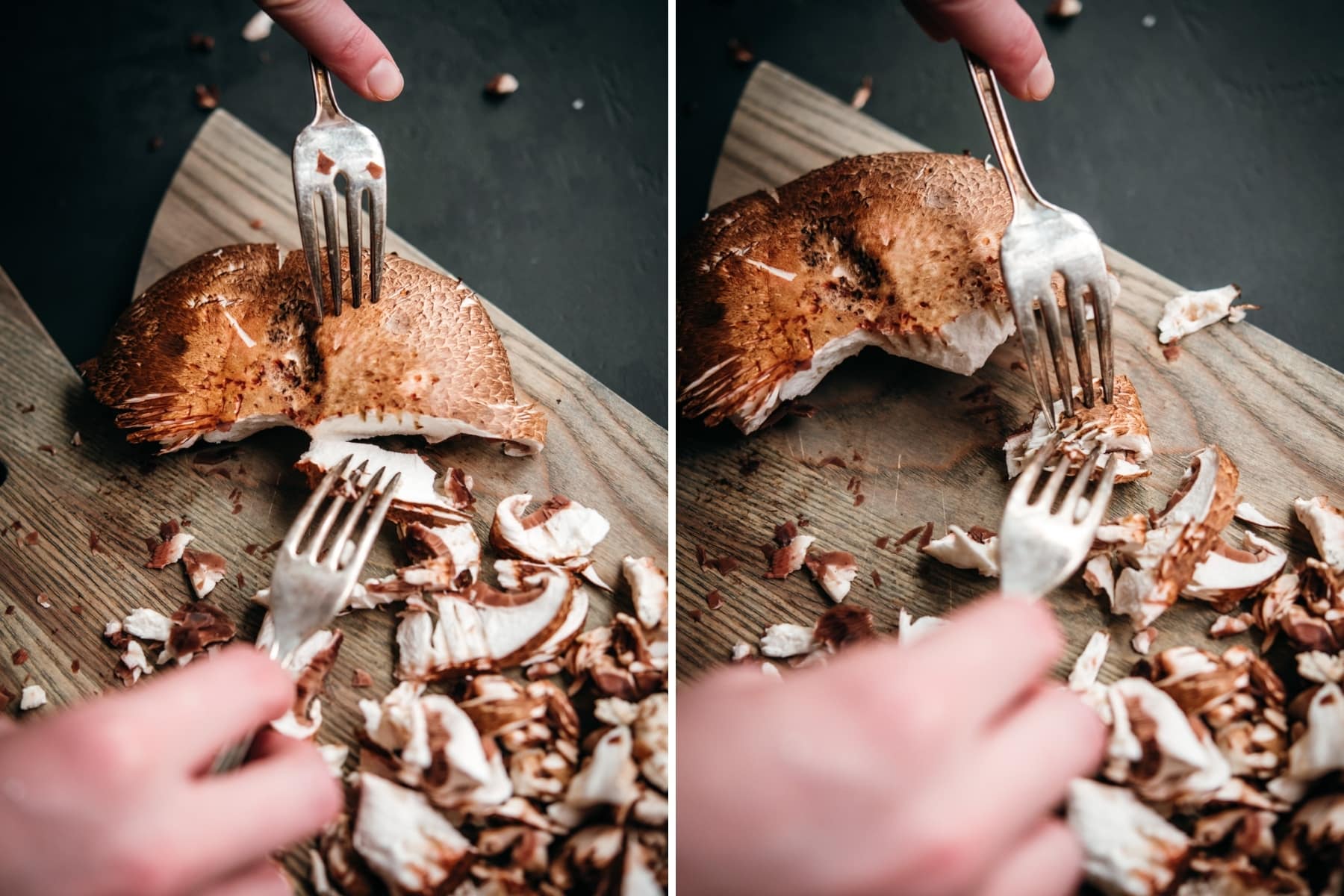 person shredding large portobello mushroom with two forks. 