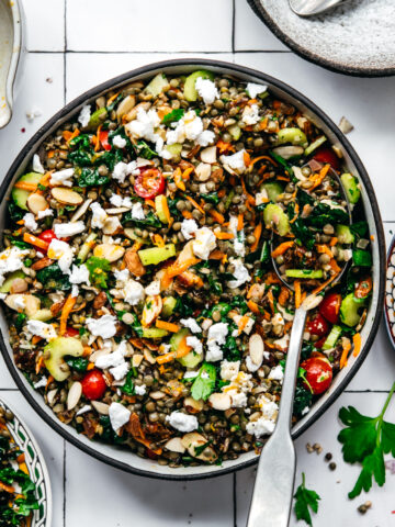 overhead view of vegan french lentil salad in a large bowl with serving spoon on white tile background.