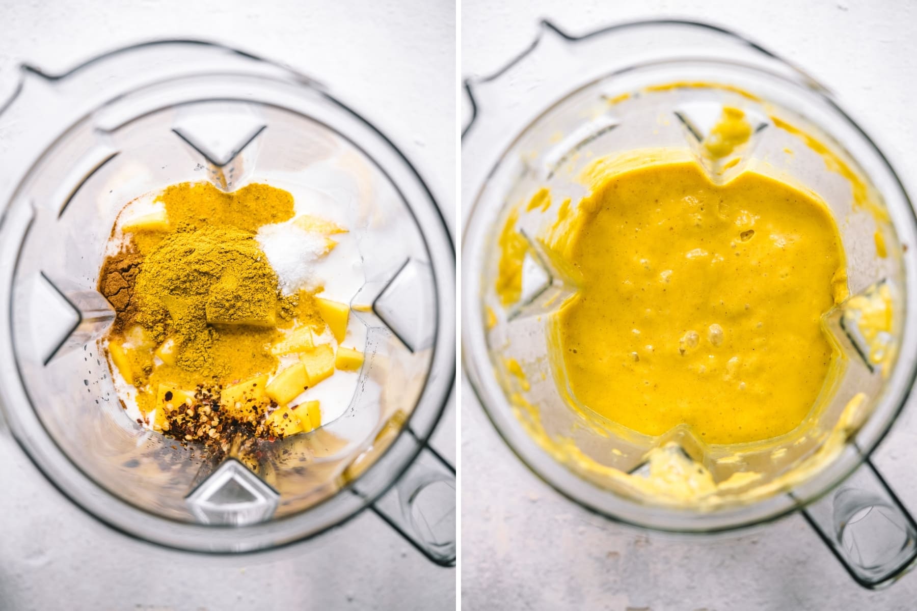 before and after blending mango curry sauce in blender.