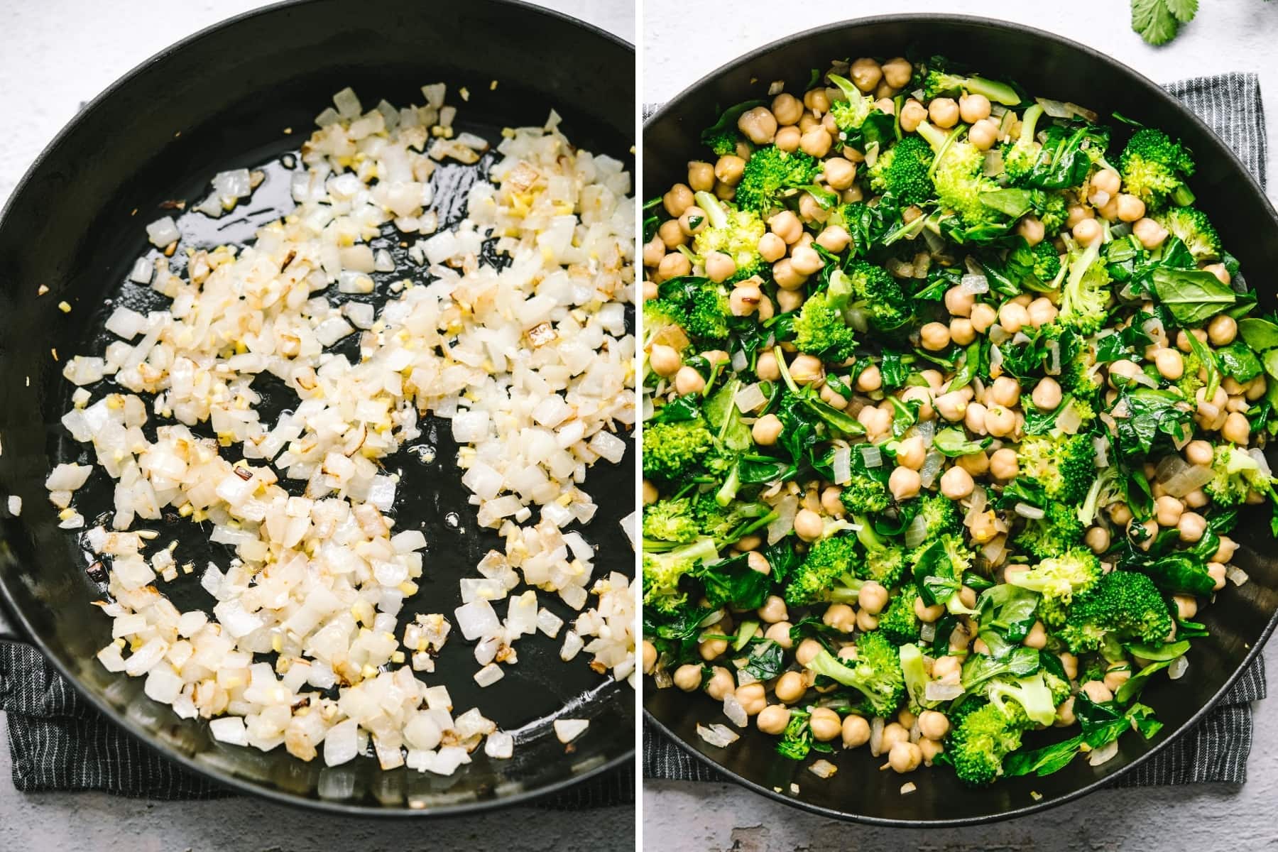 sautéed onions, garlic and ginger and sautéed broccoli, spinach and chickpeas. 