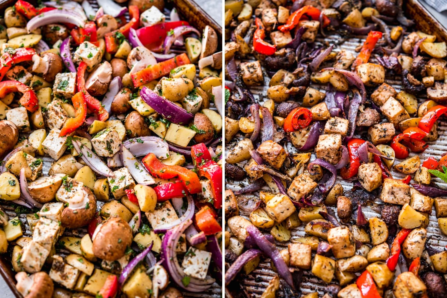 before and after roasting ingredients for vegan mediterranean sheet pan dinner. 